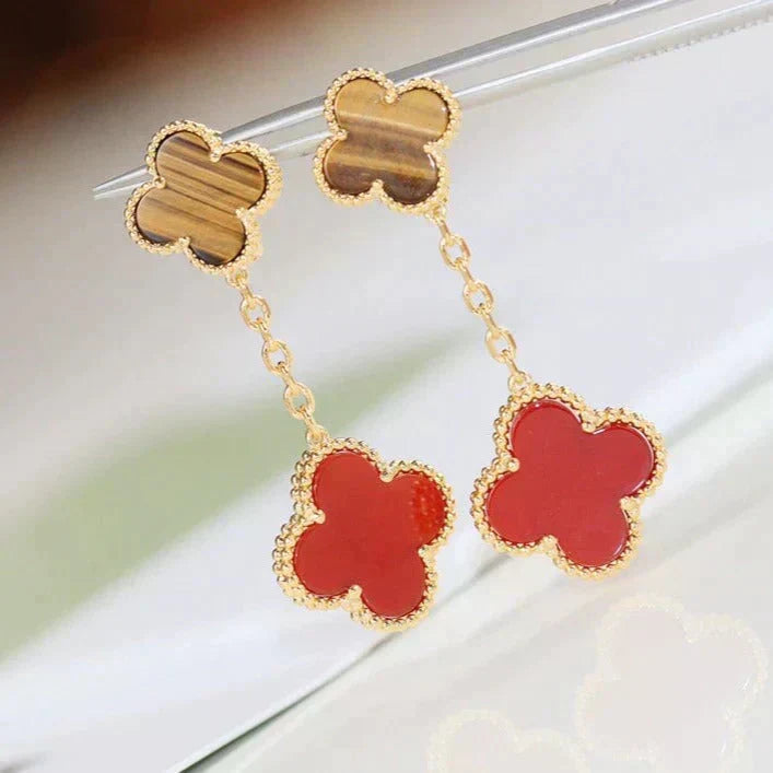 ??MIRA?¡¥CLOVER  2 MOTIF  TIGER EYE CARNELIAN EARRINGS