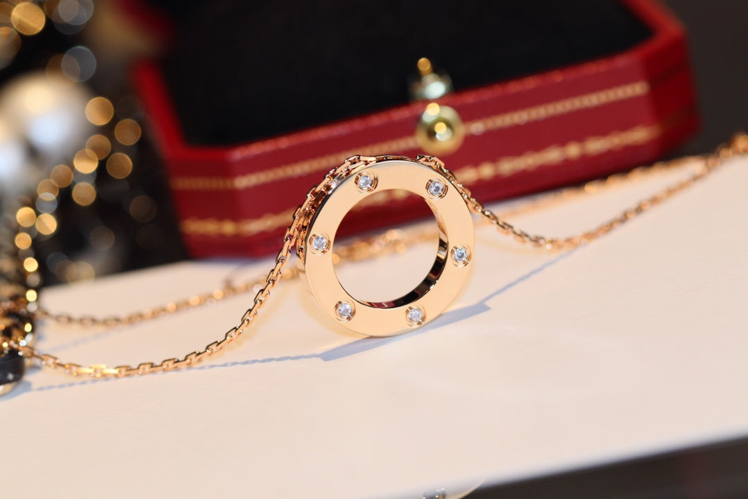 ??MIRA?¡¥LOVE NECKLACE 16MM 6 DIAMONDS PINK GOLD