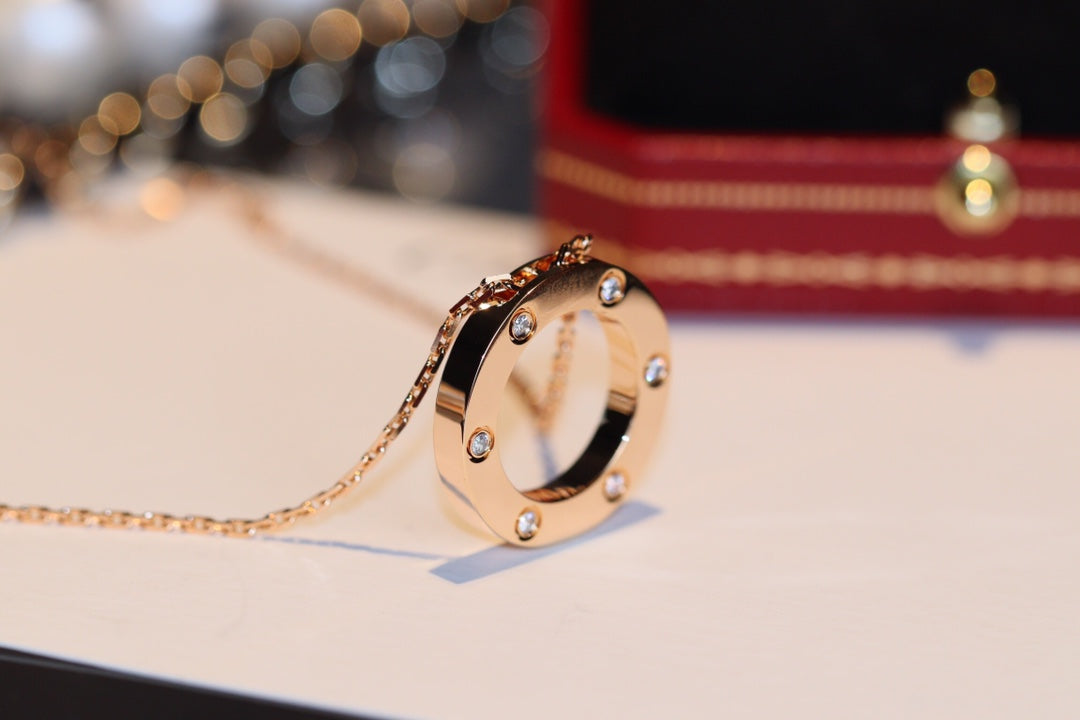 ??MIRA?¡¥LOVE NECKLACE 16MM 6 DIAMONDS PINK GOLD