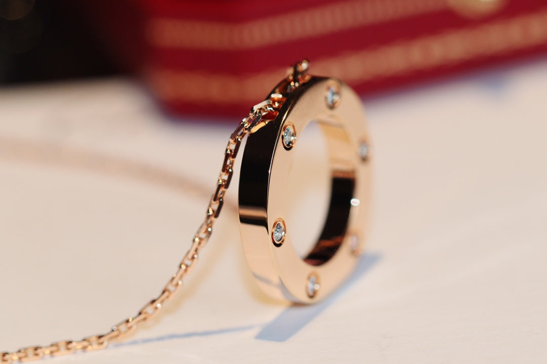 ??MIRA?¡¥LOVE NECKLACE 16MM 6 DIAMONDS PINK GOLD