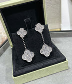 ??MIRA?¡¥CLOVER 2 MOTIFS DIAMOND PAVED SILVER EARRINGS
