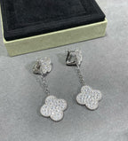 ??MIRA?¡¥CLOVER 2 MOTIFS DIAMOND PAVED SILVER EARRINGS