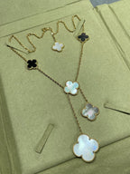 ??MIRA?¡¥CLOVER 6 MOTIF MOP ONYX GOLD NECKLACE