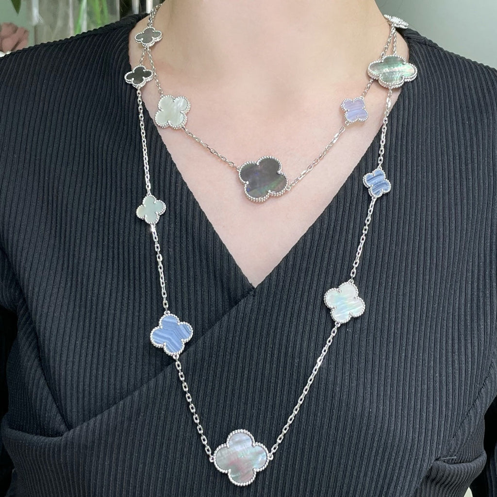 ??MIRA?¡¥CLOVER 16 MOTIF CHALCEDONY MOP SILVER NECKLACE