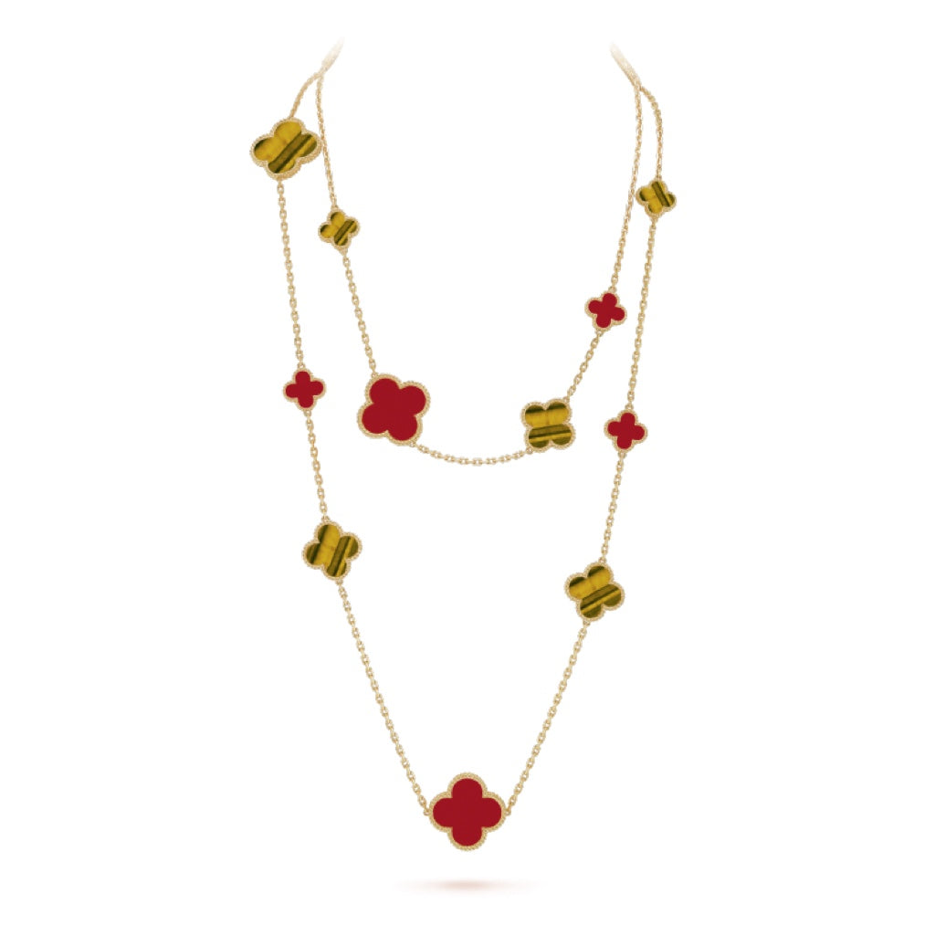 ??MIRA?¡¥CLOVER 16 MOTIF CARNELIAN TIGER EYE ROSE GOLD NECKLACE