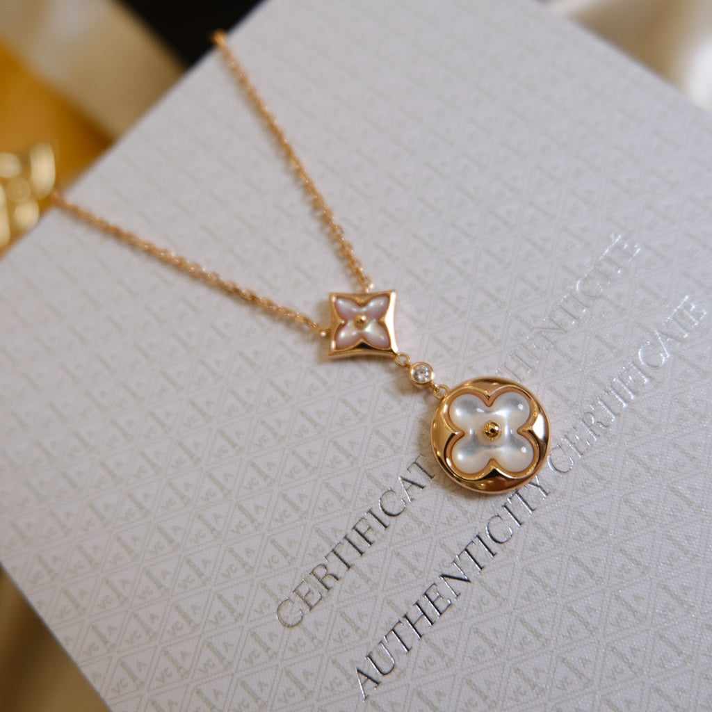 ??MIRA?¡¥STAR AND SUN WHITE MOP 2 MOTIF PINK GOLD NECKLACE