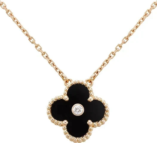 ??MIRA?¡¥CLOVER 15MM DIAMOND ONYX NECKLACE