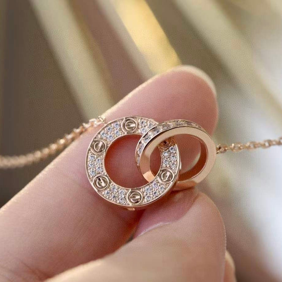 ??MIRA?¡¥LOVE 7.6MM NECKLACE ROSE GOLD AND SILVER  FULL DIAMOND