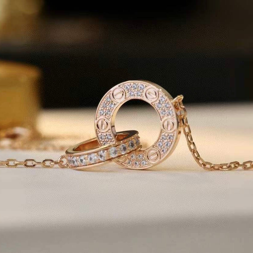 ??MIRA?¡¥LOVE 7.6MM NECKLACE ROSE GOLD AND SILVER  FULL DIAMOND