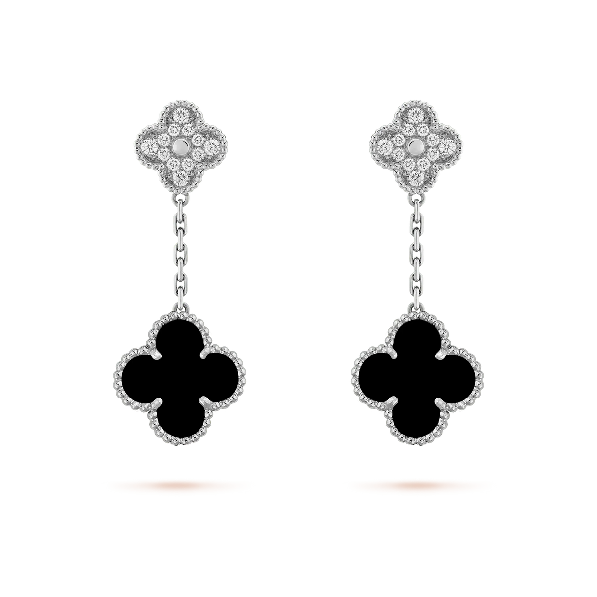 ??MIRA?¡¥CLOVER 2 MOTIFS  DIAMOND ONYX EARRINGS SILVER