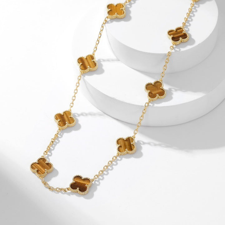 ??MIRA?¡¥CLOVER 10 MOTIFS TIGER EYE NECKLACE