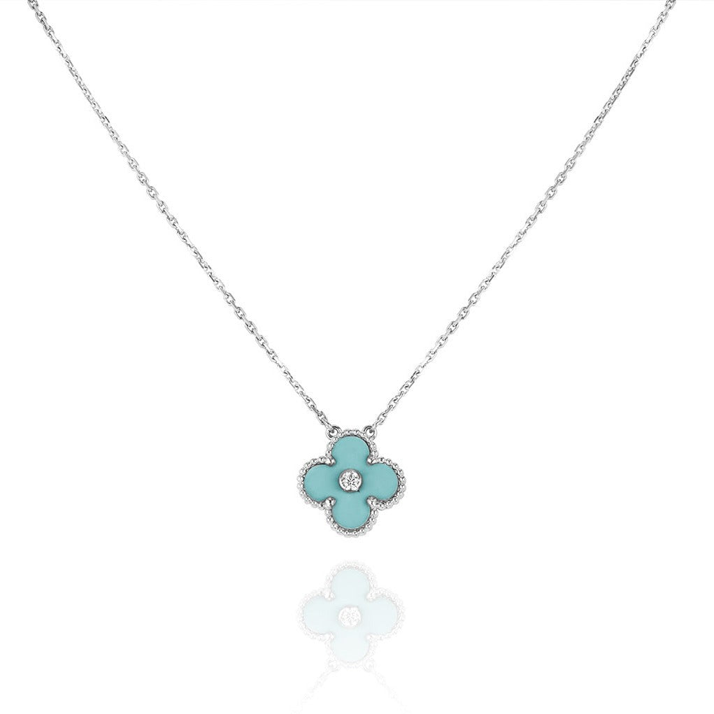??MIRA?¡¥CLOVER 1 DIAMOND LIGHT BLUE SILVER NECKLACE