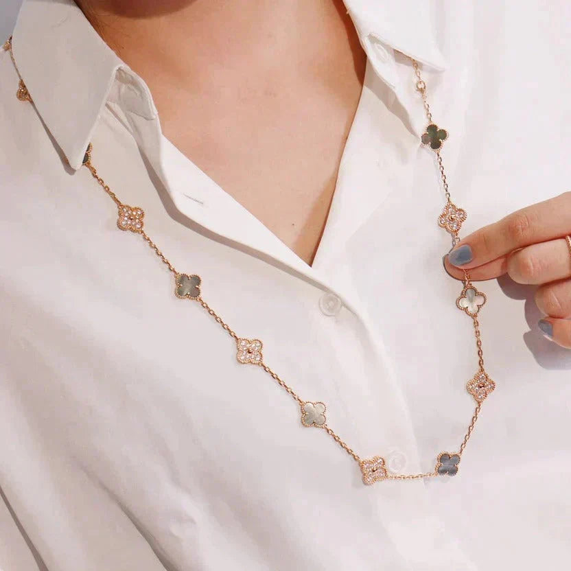 ??MIRA?¡¥CLOVER 20 MOTIFS DARK MOP DIAMOND  NECKLACE