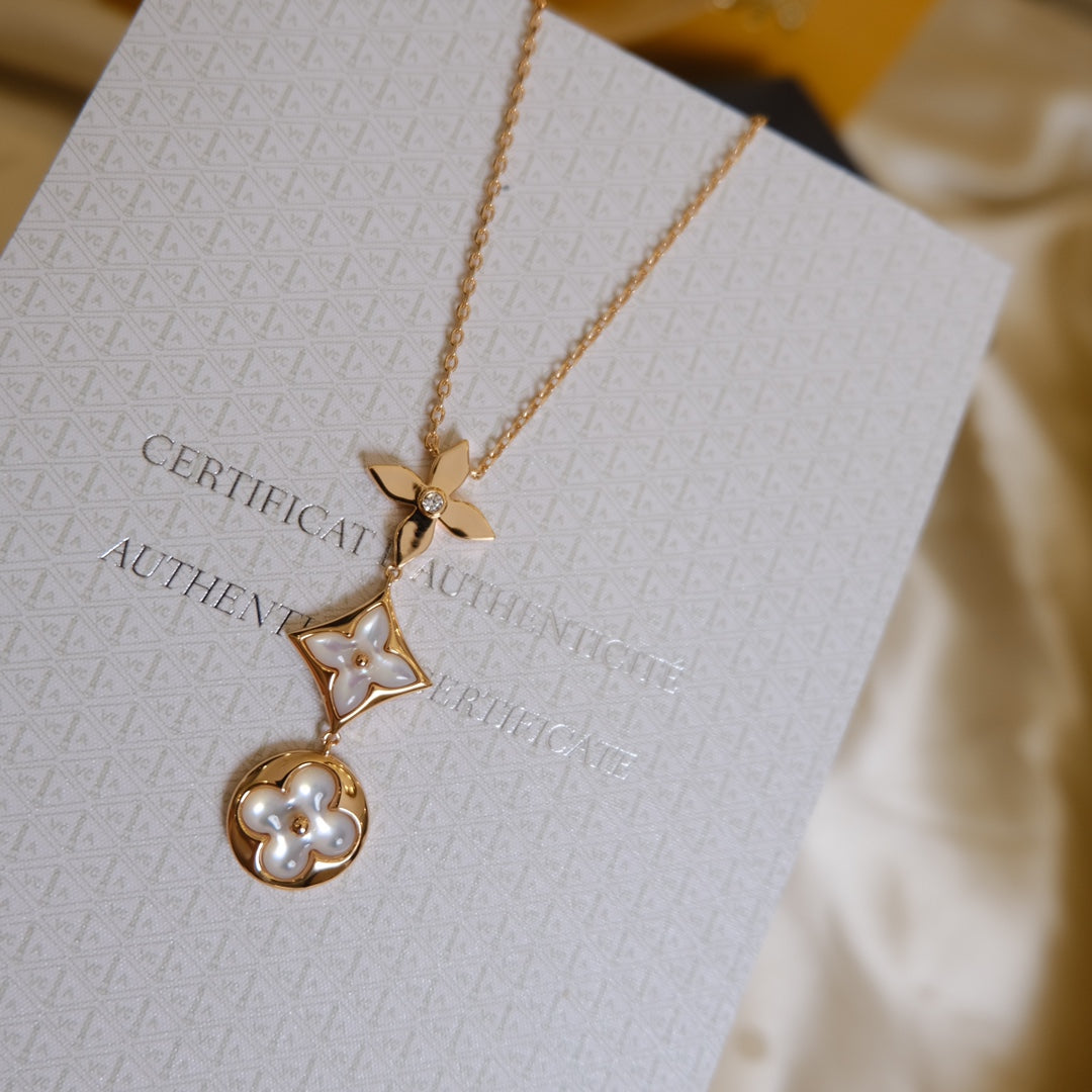 ??MIRA?¡¥COLOR BLOSSOM LARIAT NECKLACE PINK GOLD WHITE MOTHER PEARL AND DIAMOND