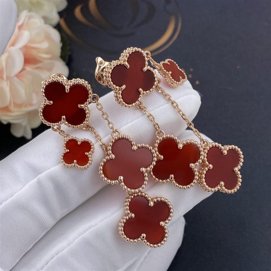 ??MIRA?¡¥CLOVER EARRINGS CARNELIAN 4 MOTIFS PINK GOLD